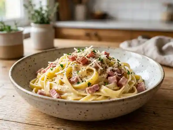 Pâtes crémeuses au parmesan et jambon - Photo de présentation