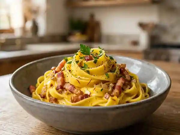 Pâtes au safran, crème soyeuse et lardons - Photo de présentation