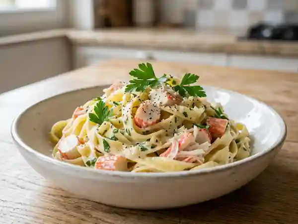Pâtes au surimi, crème onctueuse et ail - Photo de présentation