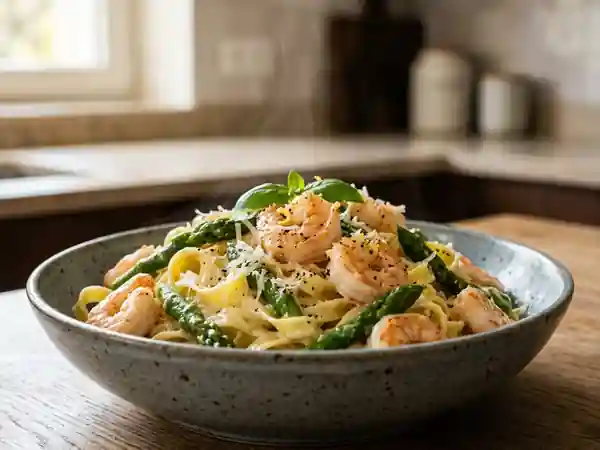 Pâtes crémeuses aux asperges et crevettes - Photo de présentation