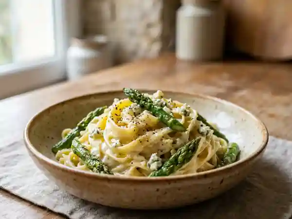 Pâtes crémeuses aux asperges vertes et gorgonzola fondant - Photo de présentation