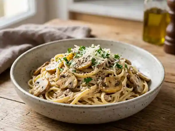 Pâtes crémeuses aux champignons frais et sauce onctueuse - Photo de présentation