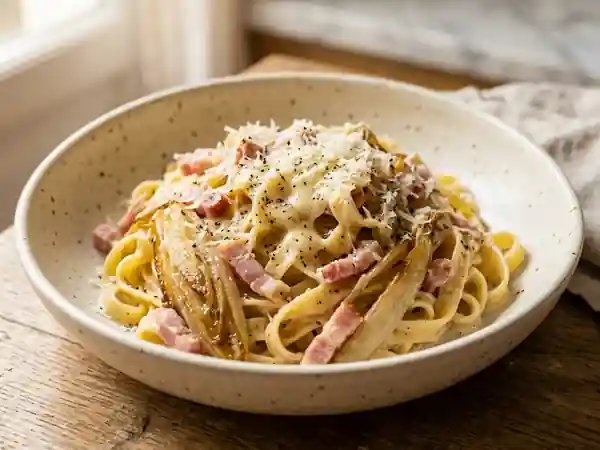 Pâtes crémeuses aux endives caramélisées et jambon - Photo de présentation