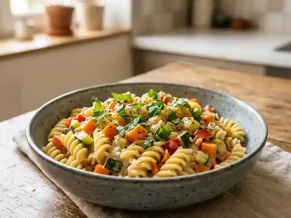 Pâtes crémeuses aux petits légumes croquants - Photo de présentation