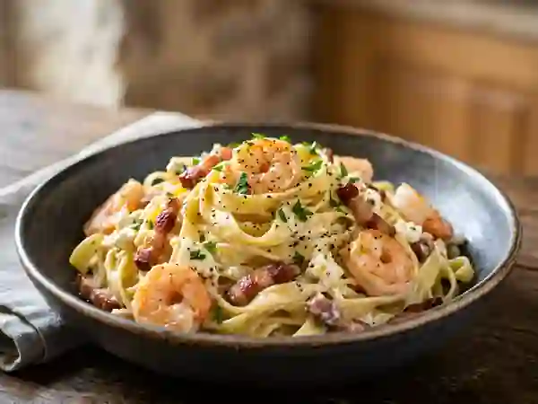 Pâtes crémeuses langoustines, lardons et feta - Photo de présentation