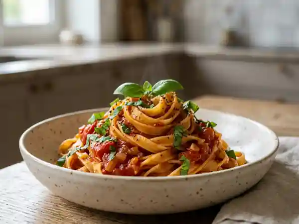 Pâtes fraîches à la sauce tomate maison savoureuse - Photo de présentation
