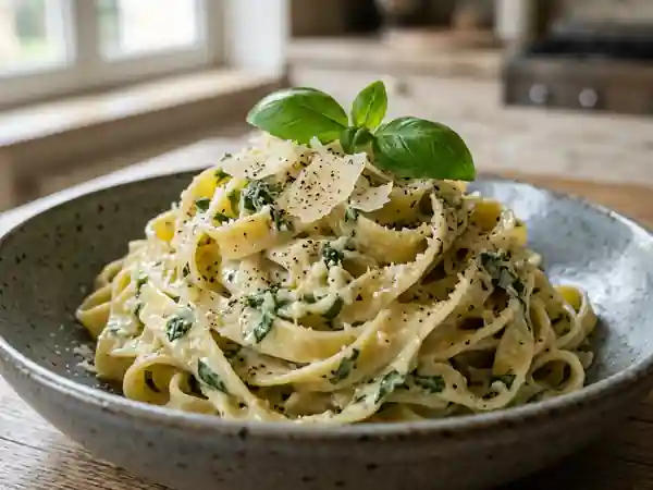 Pâtes crémeuses au basilic frais et parmesan - Photo de présentation