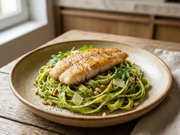 Pâtes soyeuses au pesto de roquette et sole - Photo de présentation