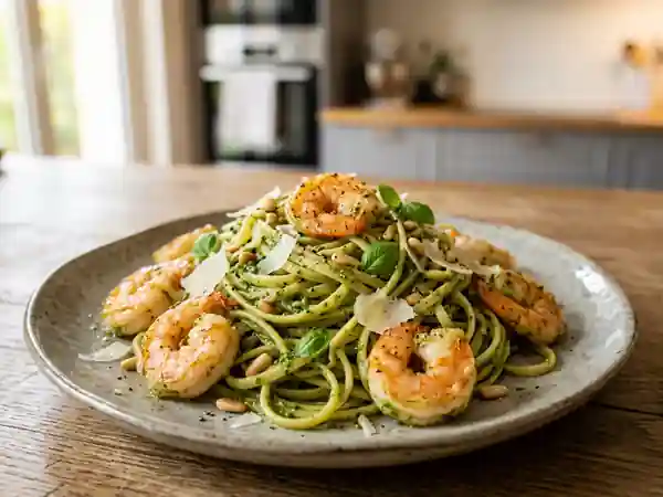 Pâtes au pistou frais et gambas dorées - Photo de présentation