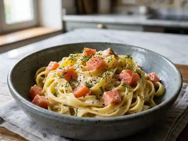 Pâtes fraîches au saumon, crème soyeuse à l'aneth - Photo de présentation