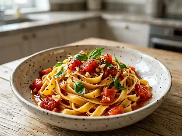 Pâtes al dente aux tomates fraîches et basilic - Photo de présentation