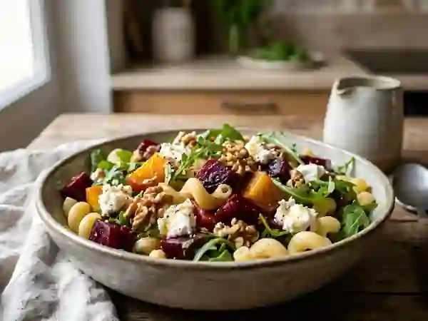 Pâtes froides au chèvre frais et betterave - Photo de présentation
