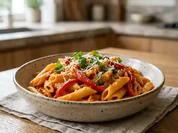 Penne crémeuses au poivron rouge fondant - Photo de présentation