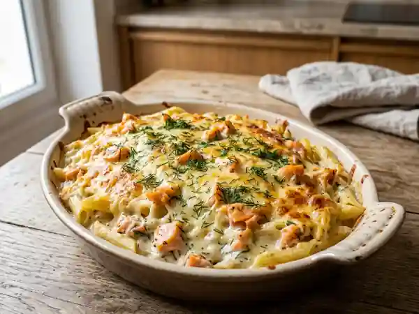 Pâtes gratinées au saumon fumé et à l'aneth - Photo de présentation