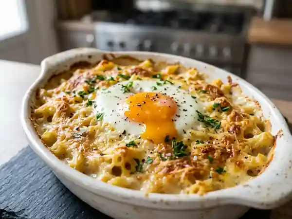 Pâtes gratinées aux œufs fondants : recette facile et gourmande - Photo de présentation