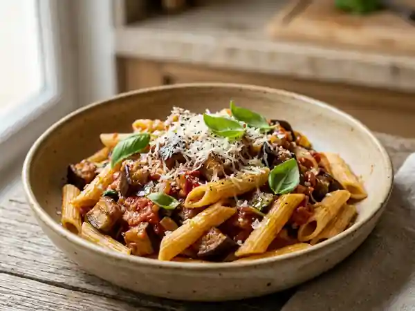 Pâtes fondantes aux aubergines et parmesan - Photo de présentation