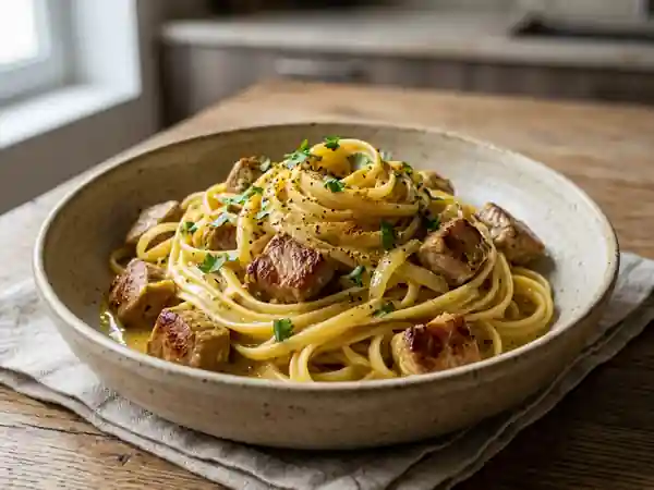 Pâtes crémeuses au porc et curry intense - Photo de présentation