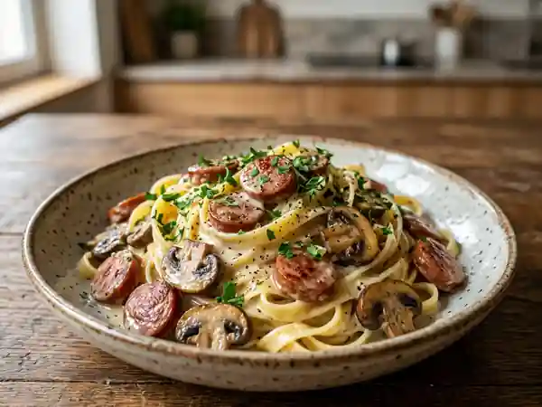 Pâtes onctueuses au saucisson fumé et champignons - Photo de présentation