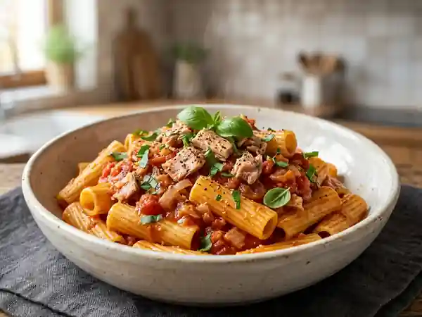 Pâtes savoureuses au thon et sauce tomate maison - Photo de présentation