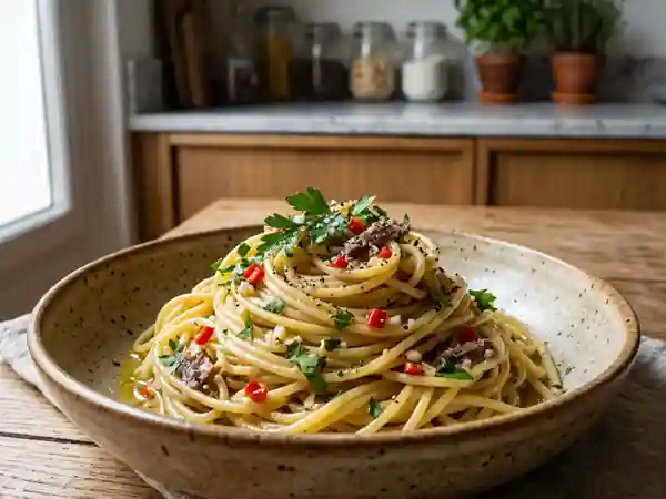 Pâtes savoureuses aux anchois et ail - Photo de présentation