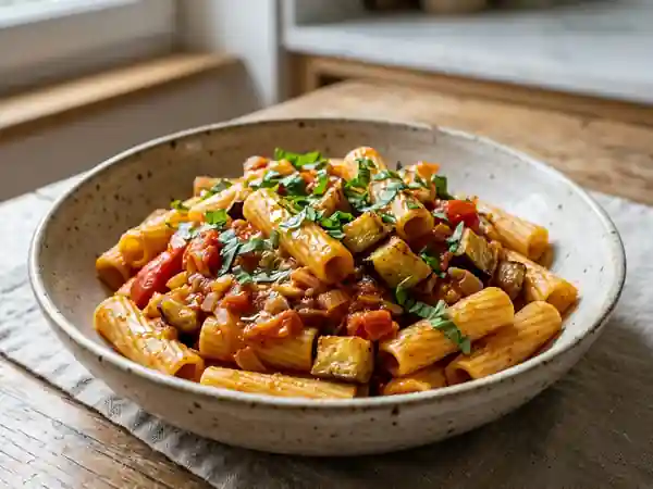 Pâtes savoureuses aux aubergines grillées et sauce tomate maison - Photo de présentation