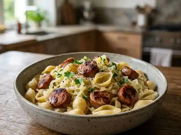 Pâtes crémeuses au chou et chipolatas - Photo de présentation