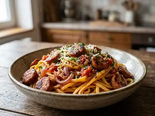 Penne aux merguez grillées et tomates fondues - Photo de présentation