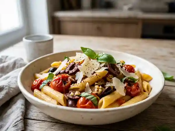 Penne fondantes aux olives et basilic frais - Photo de présentation