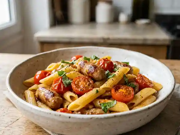 Pâtes fondantes aux saucisses et tomates cerises - Photo de présentation