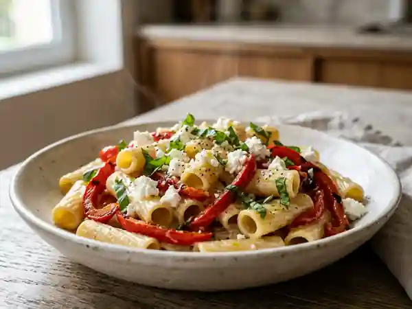 Pâtes fondantes au poivron et chèvre frais - Photo de présentation