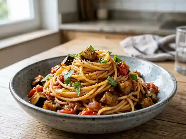 Pâtes aux aubergines fondantes et basilic - Photo de présentation