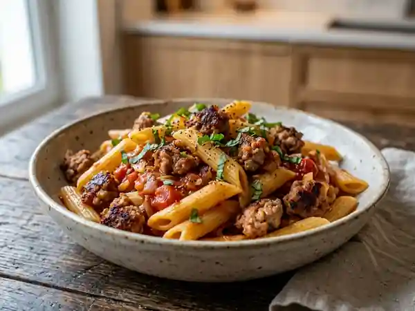 Penne à la saucisse cathare et tomates charnues - Photo de présentation