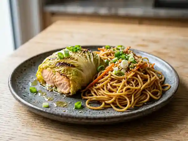 Paupiette de saumon fondante et nouilles au wok - Photo de présentation