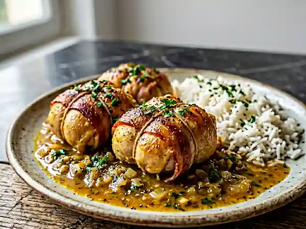 Paupiettes de poulet au colombo et lard fumé - Photo de présentation