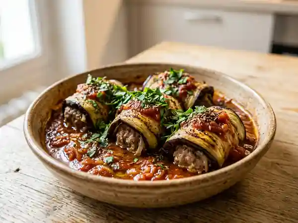 Paupiettes d'aubergine farcies à l'orientale, saveurs épicées et parfumées - Photo de présentation