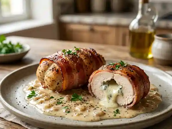Paupiettes de poulet au bleu et lard croustillant - Photo de présentation