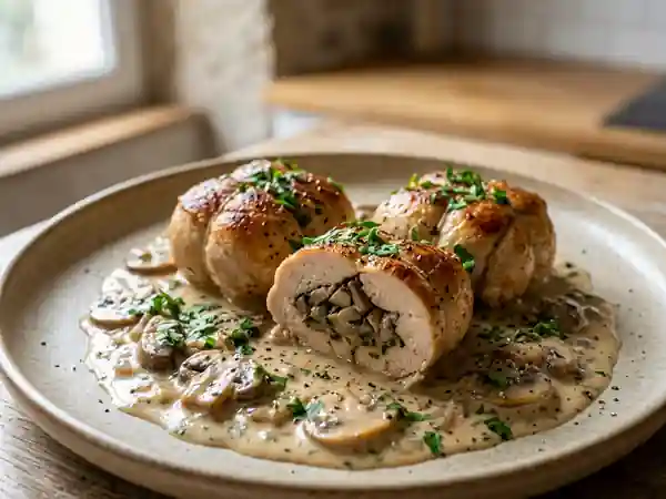Paupiettes de poulet fondantes aux champignons et sauce crémeuse - Photo de présentation