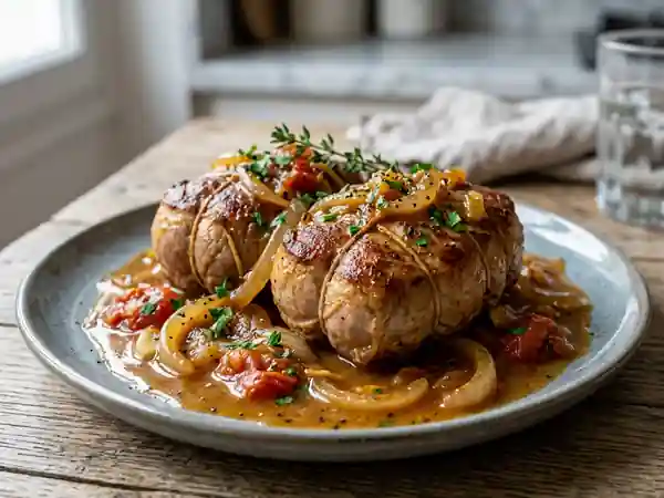 Paupiettes de veau fondantes aux oignons caramélisés et tomates fraîches - Photo de présentation