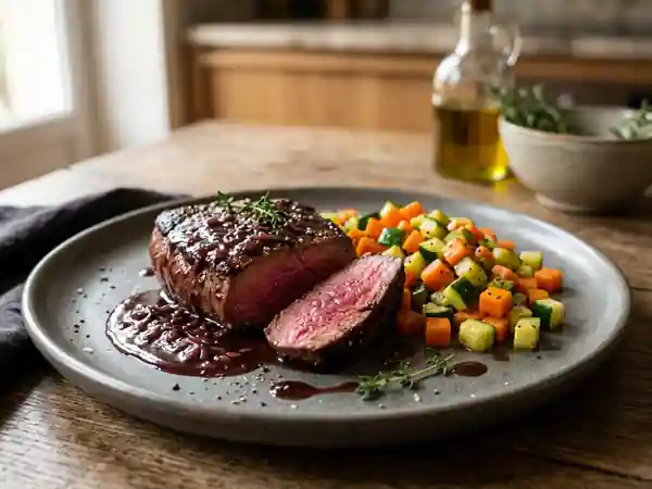 Pavé d'autruche au vin rouge, sauce raffinée et légumes de saison - Photo de présentation
