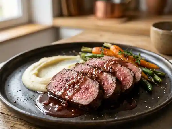 Pavé de biche fondant, sauce sirupeuse au Porto - Photo de présentation