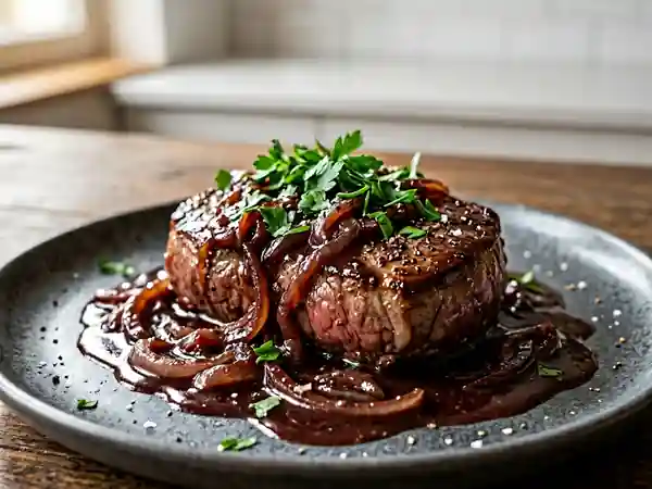Pavé de bœuf juteux sauce au vin rouge - Photo de présentation