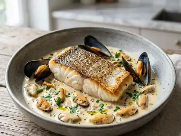 Pavé de cabillaud, sauce onctueuse aux moules - Photo de présentation