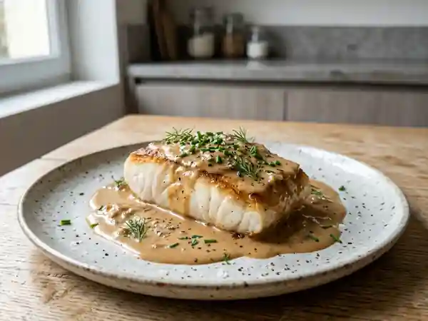 Pavé de poisson nacré et sauce onctueuse au café - Photo de présentation