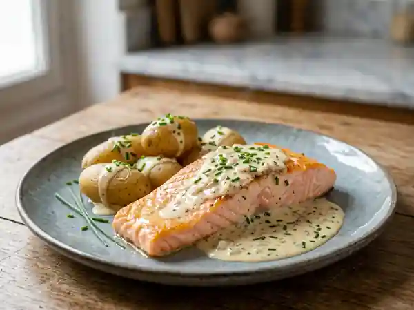Saumon au four, sauce crémeuse au vin blanc - Photo de présentation