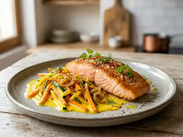Pavé de saumon délicatement safrané, sauce onctueuse et légumes croquants - Photo de présentation