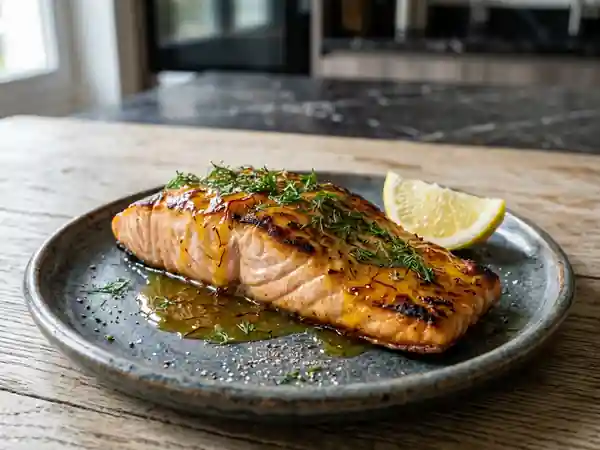 Saumon grillé laqué au safran et citron - Photo de présentation