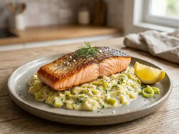 Pavé de saumon grillé sur lit de poireaux fondants - Photo de présentation