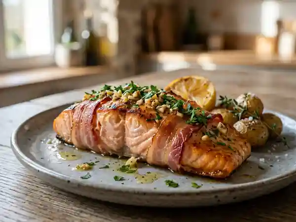 Saumon rôti à l'ail et lard craquant - Photo de présentation