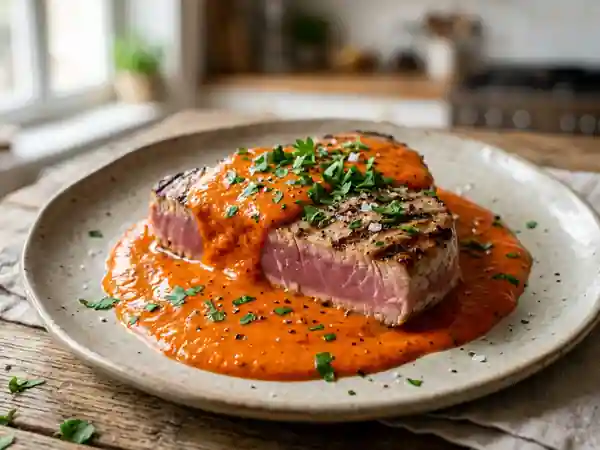 Pavé de Thon Saisi et sa Crème de Poivrons - Photo de présentation