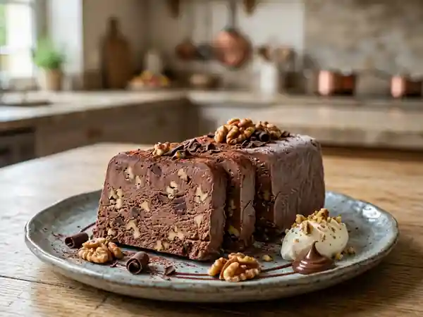 Pavé glacé fondant au chocolat et noix croquantes - Photo de présentation